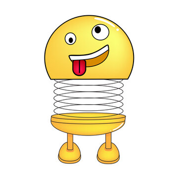 Vector illustration of spiral emoticon with body and legs. Cartoon spiral Emoji mockingly sticking out tongue. Cute emoticon, child icon.