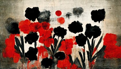 Generative AI, Black and red watercolor abstract painted flowers on vintage background. Ink street graffiti art on a textured paper, washes and brush strokes..	
