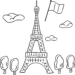 Fototapeta premium France Eiffel Tower, colored pencil texture hand drawn stylish line drawing illustration / フランスのエッフェル塔、色鉛筆テクスチャ手描きのおしゃれな線画イラスト