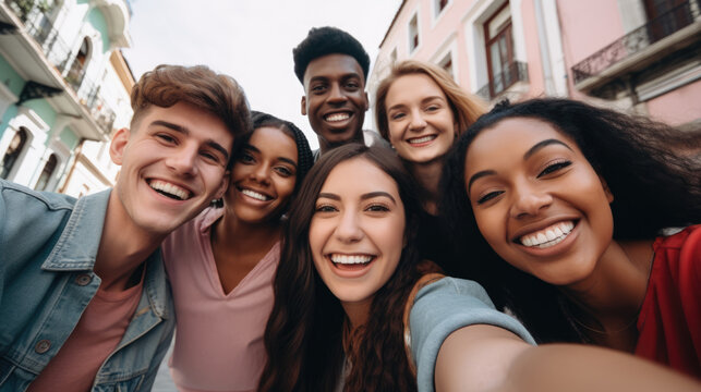 Happy group of young multiracial people smiling at camera outdoors taking selfie picture on city street
