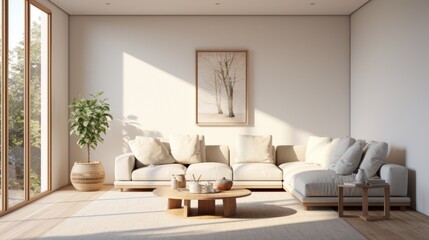 Fototapeta premium Interior of stylish spacious living room in luxury cottage. Comfortable beige cushioned furniture, rustic wooden coffee table, large painting on the wall, panoramic windows with garden view.