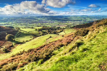 Landscape with Hills and Blue Sky (Moel Famau Country Walk in North wales, UK.) - obrazy, fototapety, plakaty