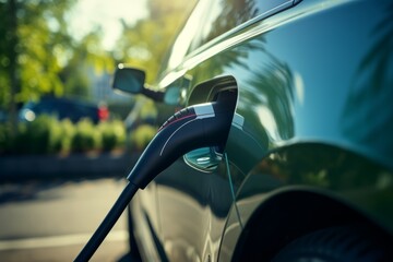 Close-up of power supply plugged into an electric car being charged. Electric vehicle charging in a parking lot with EV charging station on city street. Sustainable energy concept.