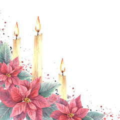 Watercolor painted corner frame with red Poinsettia flowers leaves with flaming candles and splashes Illustration for Christmas, New Year card, winter holiday celebrate print Isolated white background