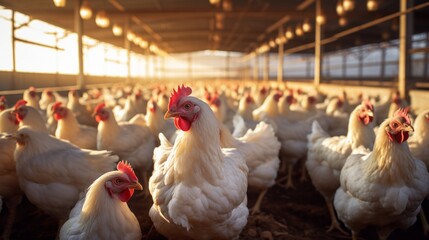 Chicken Farm: Rural Agriculture and Poultry Production Chicken Farm, poultry production, for breeding chickens - obrazy, fototapety, plakaty