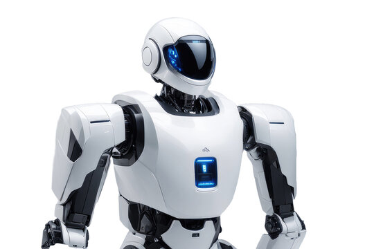 a high quality stock photograph of a single ai robot full body isolated on a white background