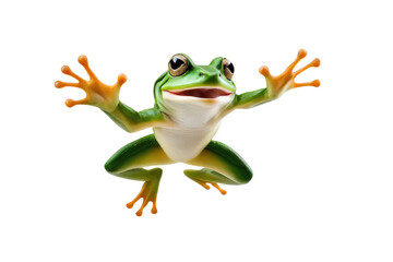 a high quality stock photograph of a single jumping happy frog isolated on a white background - obrazy, fototapety, plakaty