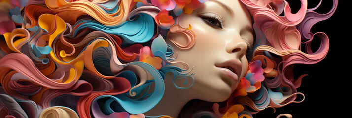 A Facebook banner of women head and face coved with colorful ripple hair illustration     - obrazy, fototapety, plakaty