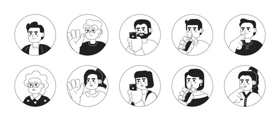 Caucasian different aged black and white 2D vector avatars illustration bundle. Europeans women, men outline cartoon character faces isolated. Young adult mature people flat user profiles image set