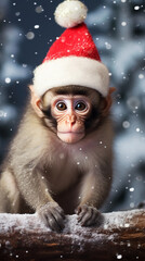 macaco  com boné de Natal, decorações de Natal em um fundo com neve e árvore de Natal