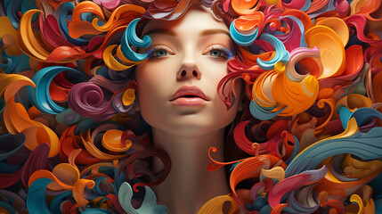 A women head and face coved with colorful ripple hair illustration     - obrazy, fototapety, plakaty