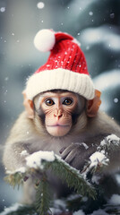 macaco  com bon&eacute; de Natal, decora&ccedil;&otilde;es de Natal em um fundo com neve e &aacute;rvore de Natal