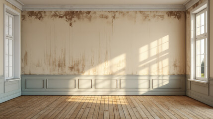 Interior of an old room with plaster walls and wooden floor. Apartment renovation concept.