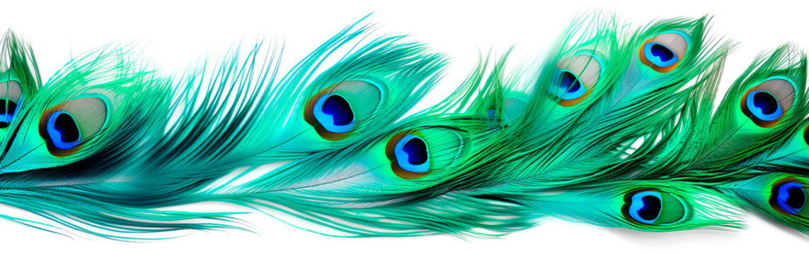 Fototapeta iridescent peacock feathers teal blue and emerald green transparent texture