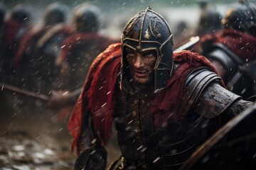 Fototapeta na wymiar Legions in Motion: The Power and Precision of Roman Warfare, a Dynamic Reenactment of Historical Bravery.