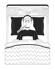 Sick flu patient in bed black and white cartoon flat illustration. Lying down woman keeping thermometer in mouth 2D lineart character isolated. Fever suffer monochrome scene vector outline image