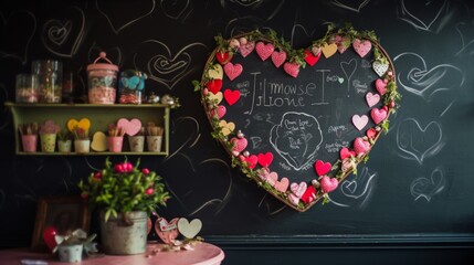 A corner featuring a heart-shaped chalkboard with sweet love notes written on it.