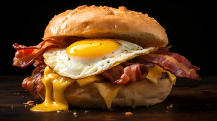 A bacon egg and cheese breakfast sandwich on a bun. - obrazy, fototapety, plakaty