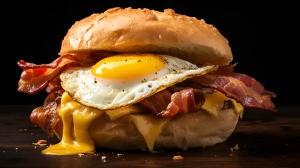 Fotobehang A bacon egg and cheese breakfast sandwich on a bun. © Natia