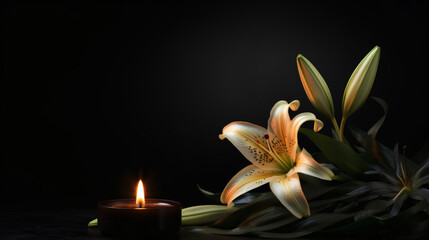 Memorial or grief banner. Beautiful lily and burning