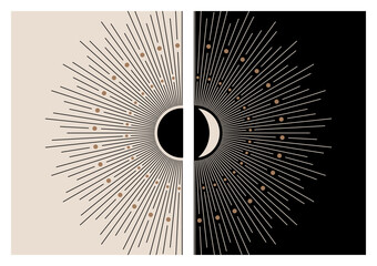 Abstract boho sun, moon posters set. Modern trendy minimal style. Mid Century Modern Wall Decor. Printable Wall Art. Digital Prints. Boho Wall Art. Minimalist. Beige and Black. Vector illustration