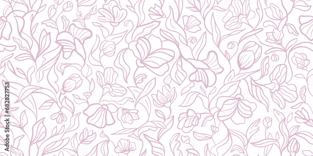 Wall mural outline flowers background. linear floral seamless pattern. hand drawn leaves. vector illustration. 