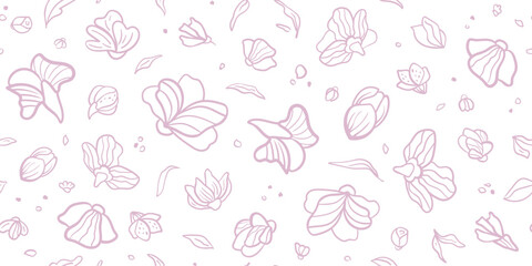 Linear floral seamless pattern. Outline flowers background. Hand drawn leaves. Graphic plants in line art style, stylized botanical elements. Vector illustration.