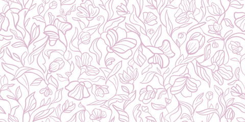 Outline flowers background. Linear floral seamless pattern. Hand drawn leaves. Vector illustration. Graphic motif, plants in line art style. - obrazy, fototapety, plakaty