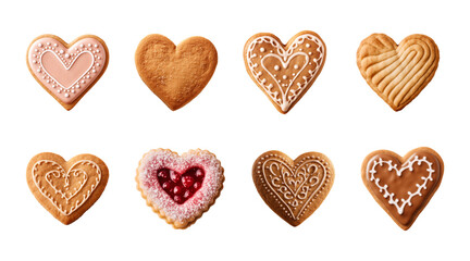 Collection set of heart-shaped cookies or biscuits isolated on a transparent background - obrazy, fototapety, plakaty