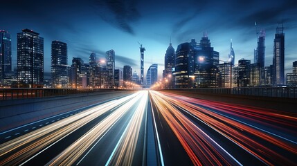 The motion blur of a busy urban highway during the evening rush hour. The city skyline serves as the background, illuminated by a sea of headlights and taillights with AI