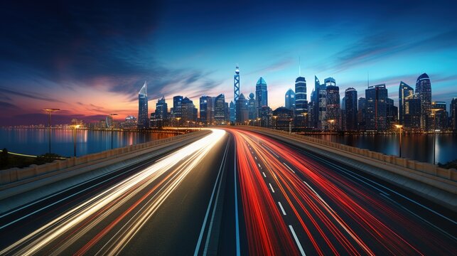 The motion blur of a busy urban highway during the evening rush hour. The city skyline serves as the background, illuminated by a sea of headlights and taillights with AI