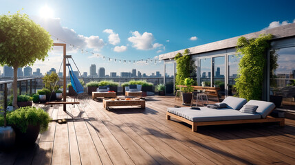 Relaxation space with upholstered furniture and landscaping on the roof of a city house overlooking the city - obrazy, fototapety, plakaty