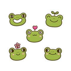 Set of cute funny faces or heads frogs with heart, flower, green sprout. Collection kawaii toad characters. Cartoon animal. Colorful vector illustration on white background