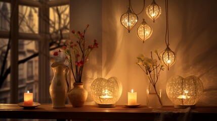 A corner with heart-shaped lanterns, casting a warm and romantic glow in the room. - obrazy, fototapety, plakaty