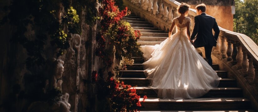 A wedding couple is climbing the stairs of an outdoor building. AI generated image