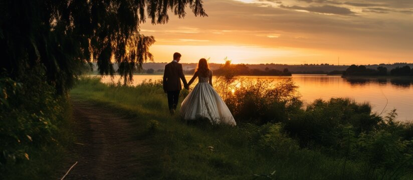 Wedding photography Bride and groom walking on the riverbank at sunset.