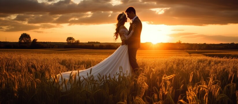 Beautiful wedding couple, bride and groom posing on the sunset background. AI generated image