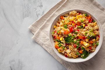 Homemade Veggie Fried Rice in a Bowl, top view. Flat lay, overhead, from above. Copy space.