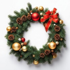 Fototapeta na wymiar Christmas wreath made of Christmas tree branches, festive decor for doors and walls, decoration for a Merry Christmas and a Happy New Year. red and gold color. artificial intelligence generator, AI, n
