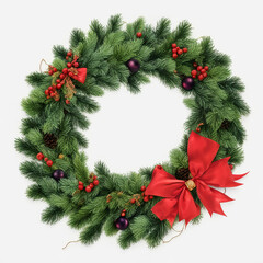 Fototapeta na wymiar Christmas wreath made of Christmas tree branches, festive decor for doors and walls, decoration for a Merry Christmas and a Happy New Year. red and gold color. artificial intelligence generator, AI, n
