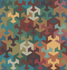 Seamless repeating pattern with interlocking multicolored geometric elements. Ornament in vintage colors. Abstract background. Vector illustration.