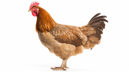 Brown Barnevelder chicken hen standing side ways looking to the left, isolated on white background. Made with generative ai