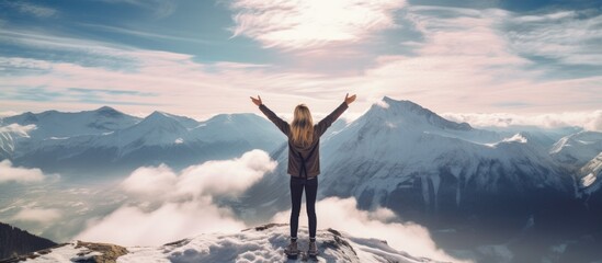 Back view happy pretty blonde caucasian at the top of snowy mountain. AI generated image - obrazy, fototapety, plakaty
