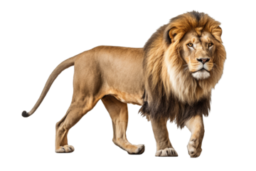 Side view of a Lion walking on a clipped PNG transparent background