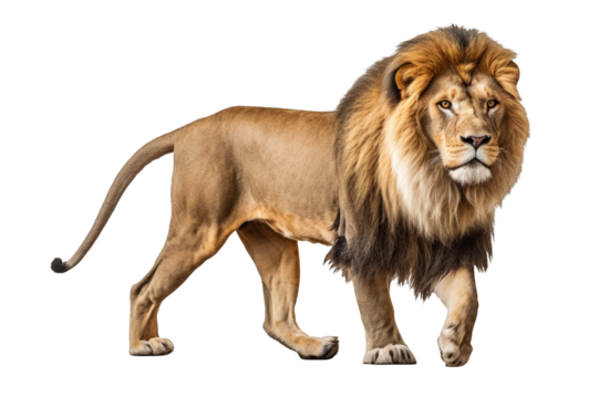 Side view of a Lion walking on a clipped PNG transparent background