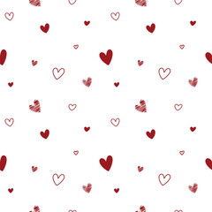 Cute Red Hearts Seamless Pattern on White Background, Christmas, Valentines Vector Illustration	