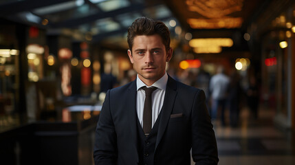Young professional man in a suit in an elegant corridor