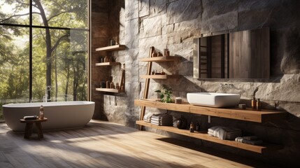 Interior of modern bathroom in luxury eco-style chalet. Stone-textured walls, freestanding bathtub, wood trim, indoor plants, large panoramic window with picturesque view. Contemporary interior design