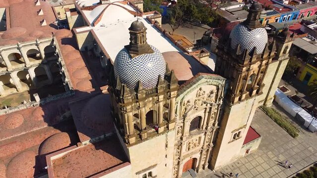 The entrance to Templo Santo Domingo de Guzman in Oaxaca, Mexico. Aerial drone shot. 