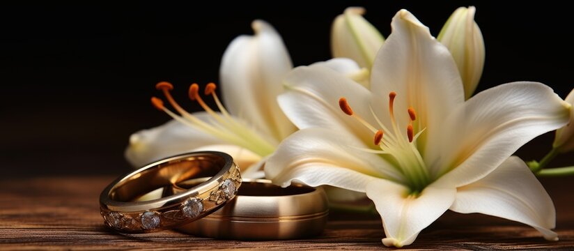 Closeup of wedding rings and white lily on dark background. AI generated image